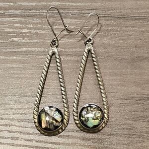 Vintage Alpaca Silver & Abalone Teardrop Dangle Earrings